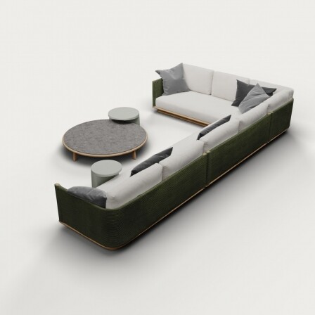 groen/grijze loungeset met grijze tafel en krukje schuin bovenaanzicht visual